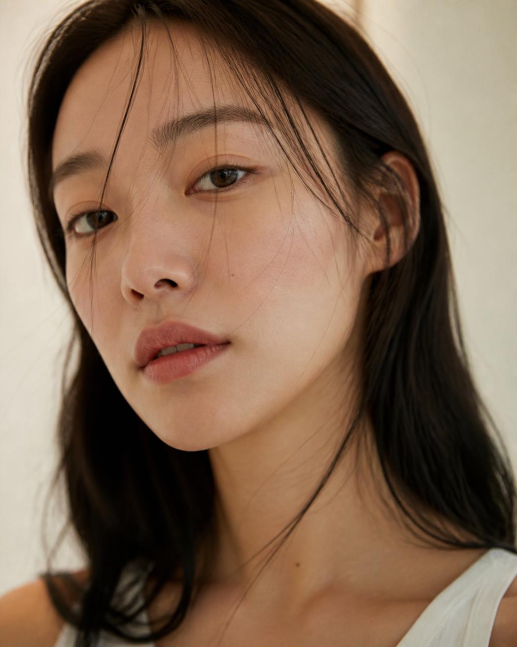 Close-up editorial portrait of an adult woman with healthy, natural skin texture in soft daylight