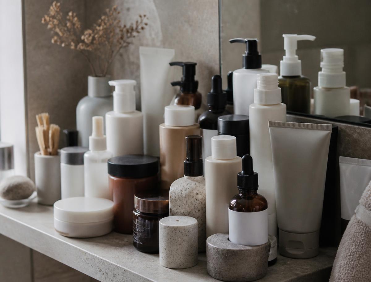 A crowded bathroom shelf holding a dozen unlabelled skincare bottles
