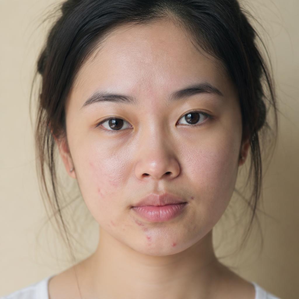 East Asian woman with visible breakouts in soft natural daylight